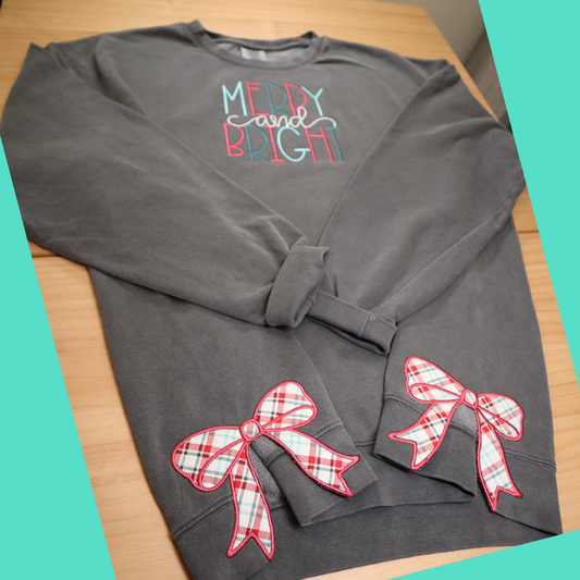 Side-Bow Christmas Sweatshirt, with Merry and Bright, Charcoal CC-1466