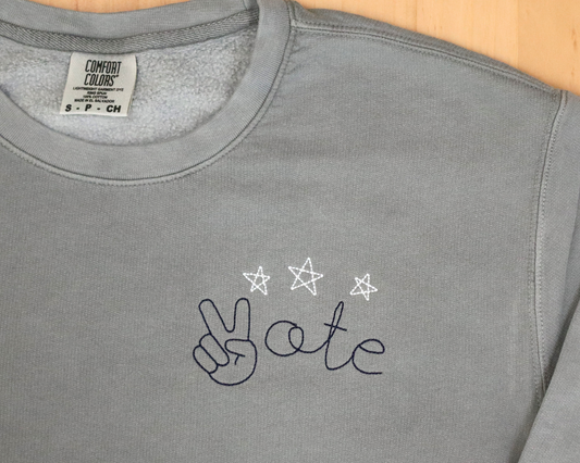 Lightweight Sweatshirt, VOTE peace sign chain stitch on left chest