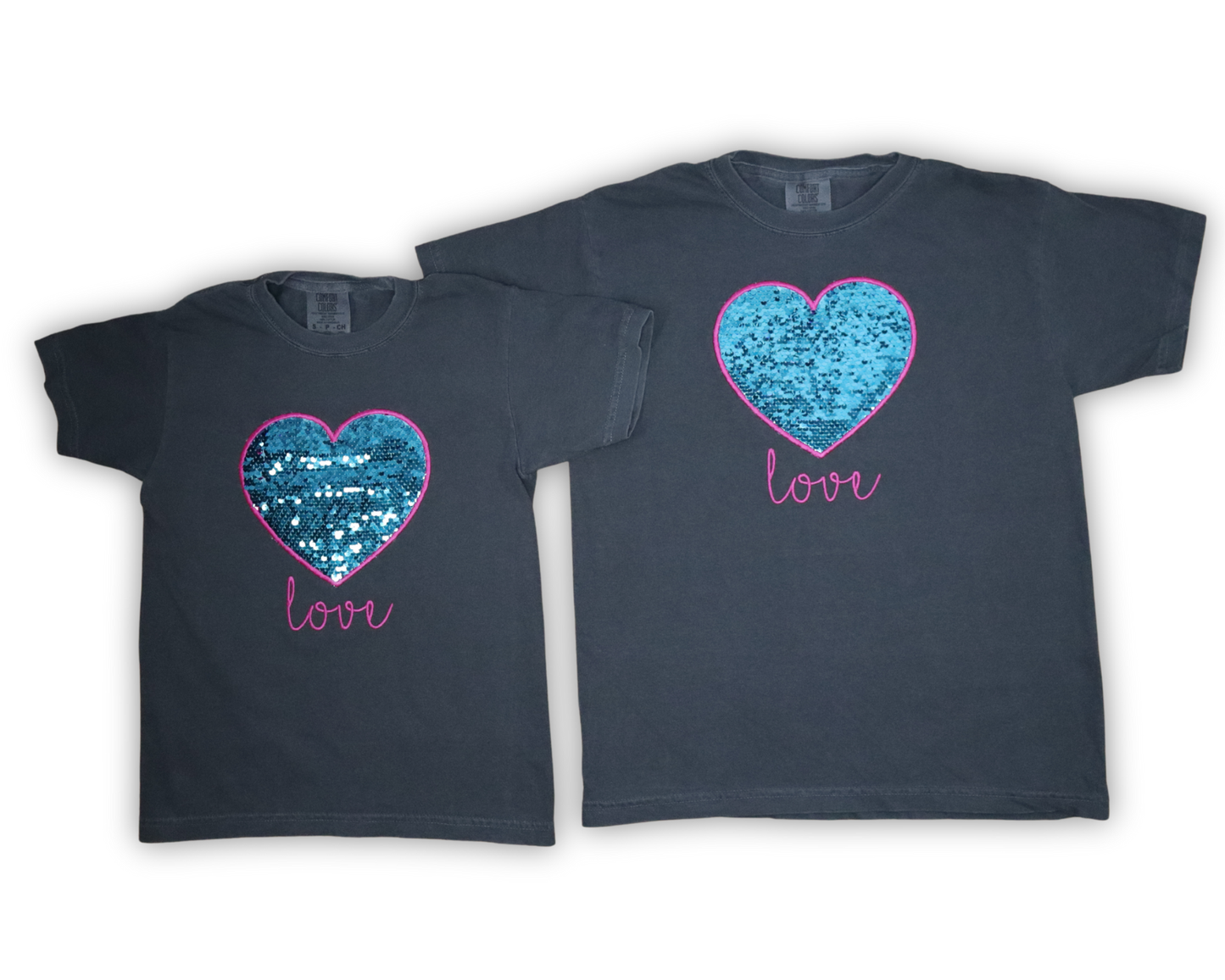 Two Valentine Kids Tees with Flippy Sequins and Heart Appliques