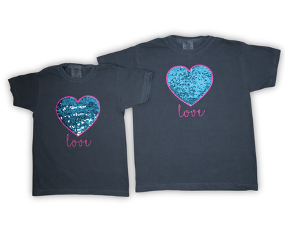 Two Valentine Kids Tees with Flippy Sequins and Heart Appliques
