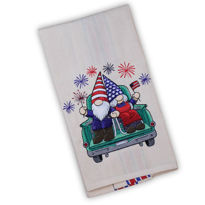 Americana Gnomes * 4th of July Embroidered Kitchen Towel * Red White Blue Stripes
