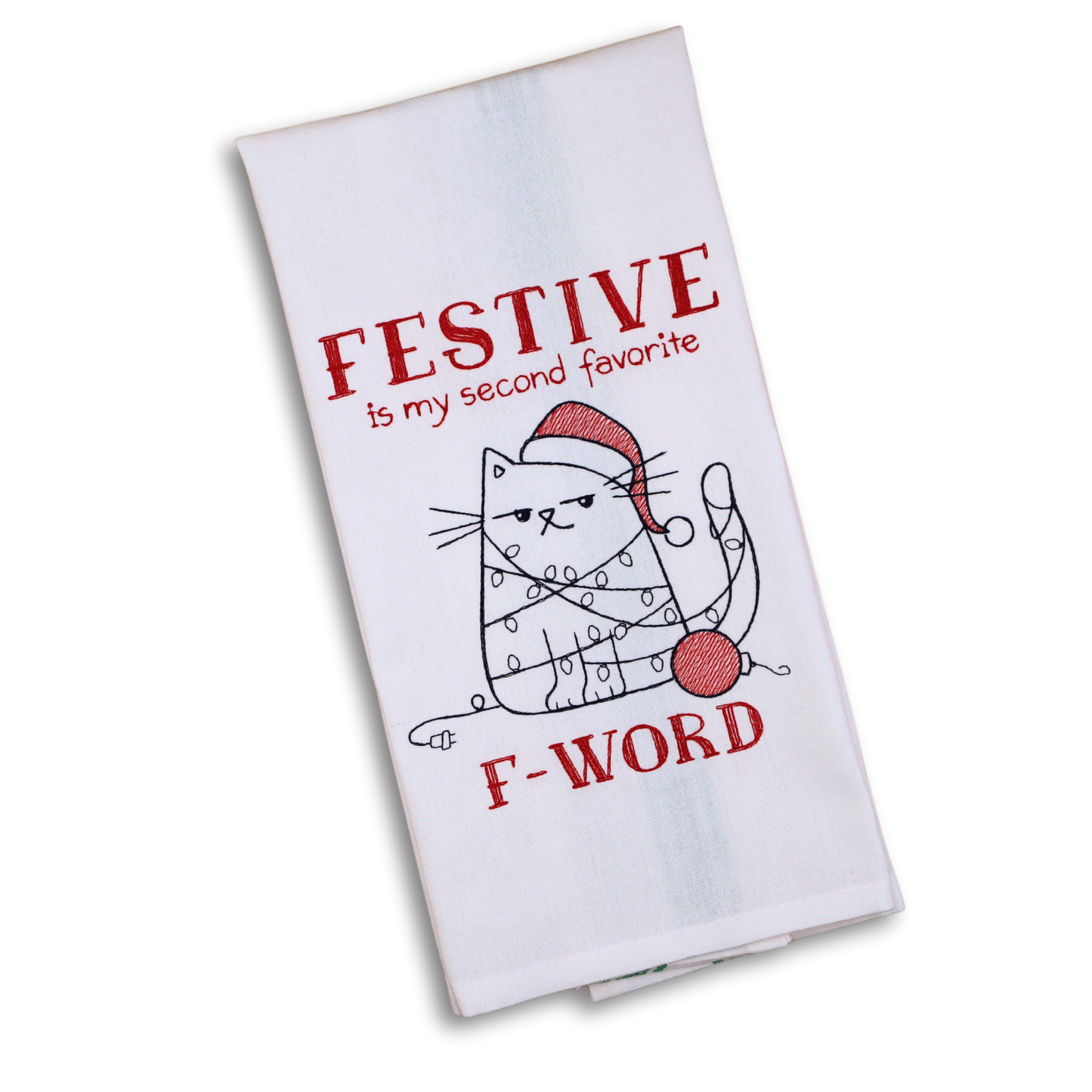 Angry Cat “FESTIVE” Embroidered Kitchen Towel