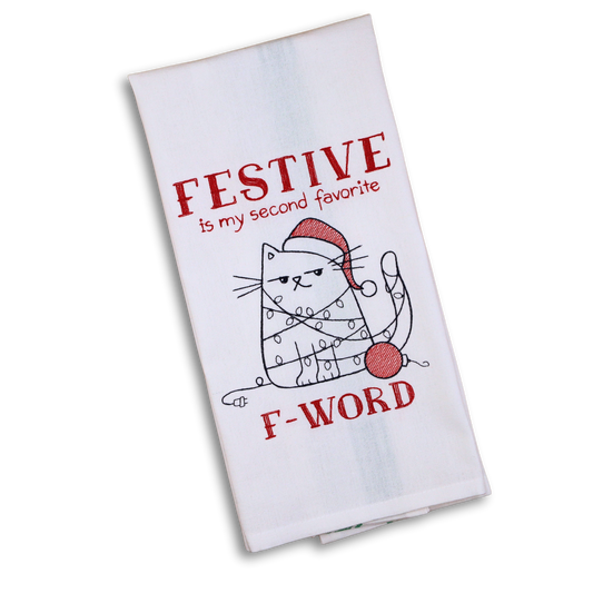 Angry Cat “FESTIVE” Embroidered Kitchen Towel