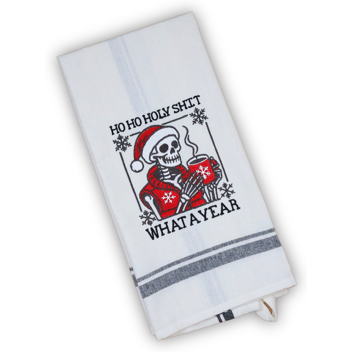 Ho Ho Holy Shit What a Year embroidered kitchen towel with a skeleton in a Santa hat holding a hot mug, by Stitched by Tempa