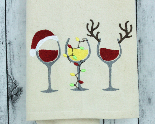 Embroidered Hand Towel * Holiday Wine Glasses