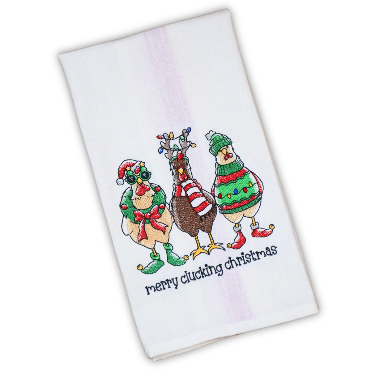Merry clucking Christmas embroidered kitchen towel with three chickens in a Santa hat, light-wrapped antlers, and an ugly sweater, by Stitched by Tempa