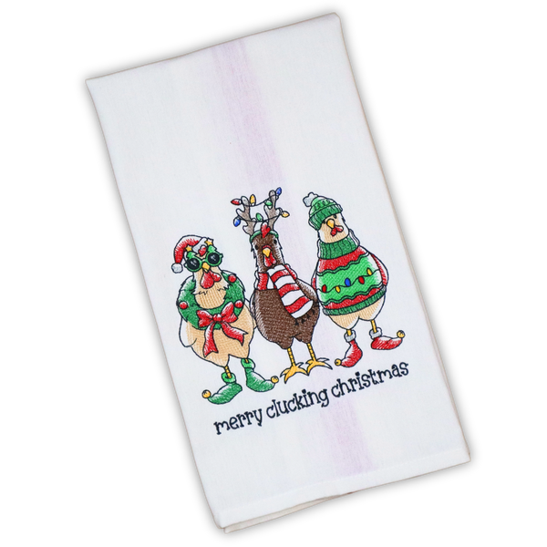 Merry Clucking Christmas Chickens Kitchen Towel | Stitched by Tempa