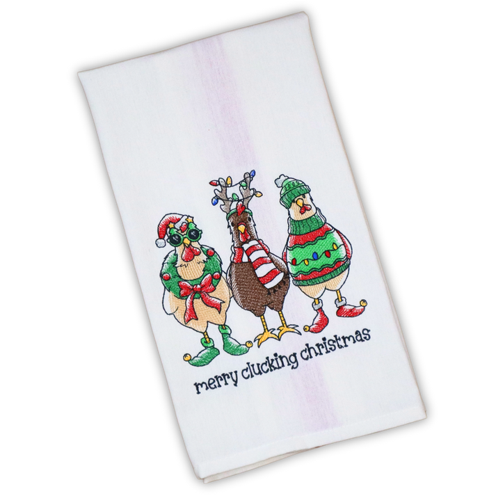 Merry Clucking Christmas Chickens Kitchen Towel | Stitched by Tempa