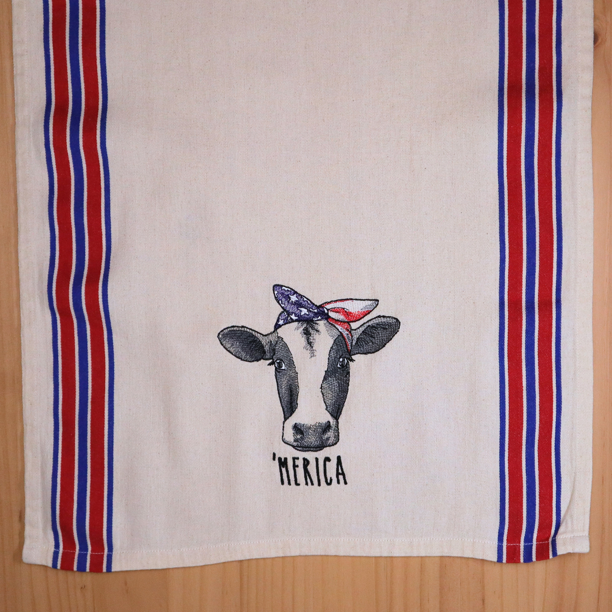 Embroidered Patriotic Cow Tea Towel – 'Merica Bandana Kitchen Towel in Red and Blue