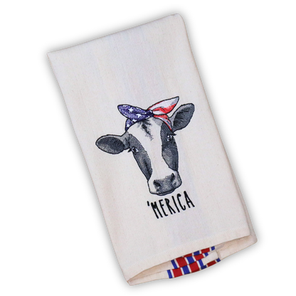 Embroidered Patriotic Cow Tea Towel – 'Merica Bandana Kitchen Towel in Red and Blue