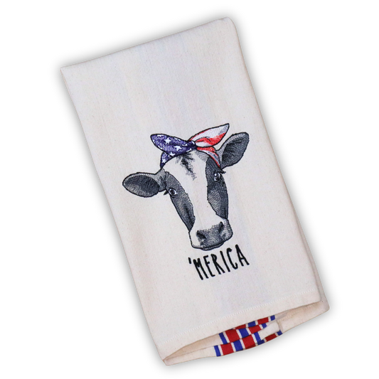 Embroidered Patriotic Cow Tea Towel – 'Merica Bandana Kitchen Towel in Red and Blue