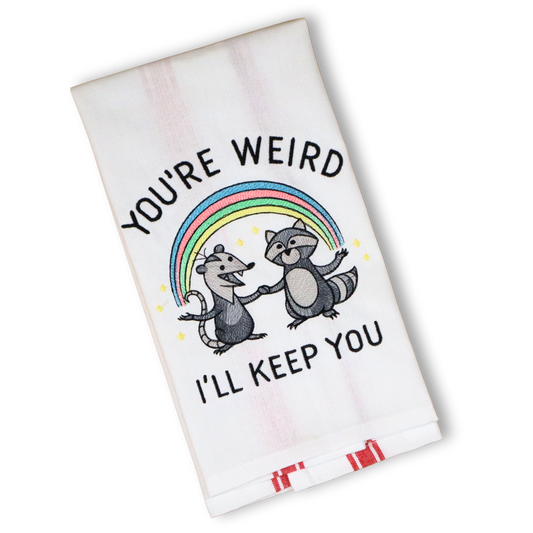 Keepin' It Weird Kitchen Towel – Racoon and Opossum Rainbow