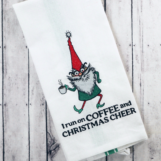 Embroidered Hand Towel * Frazzled Santa Gnome, Coffee Christmas Cheer