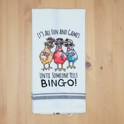 Chickens Playing Bingo Embroidered Kitchen Towel