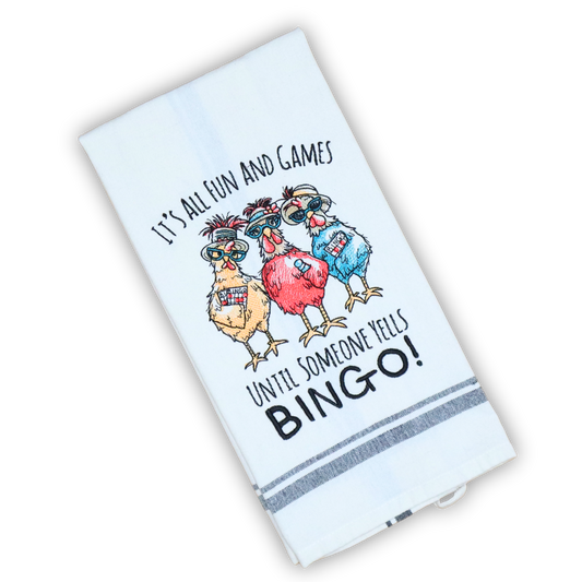 Chickens Playing Bingo Embroidered Kitchen Towel