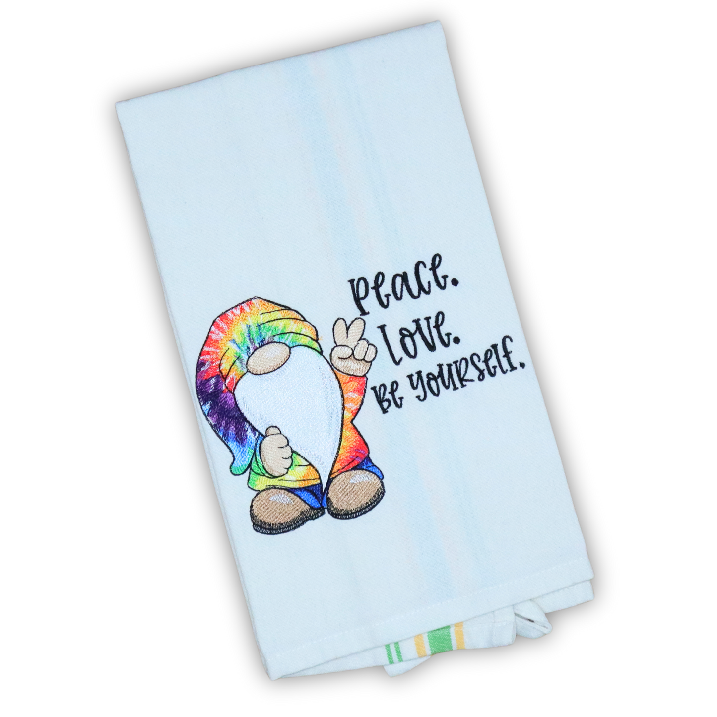 Gnome Towel, Peace Love Be Yourself Tie Dye Rainbow Embroidered Hand Towel