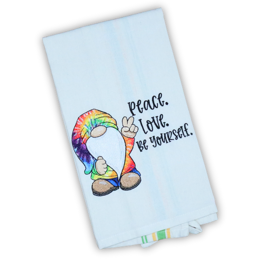 Gnome Towel, Peace Love Be Yourself Tie Dye Rainbow Embroidered Hand Towel