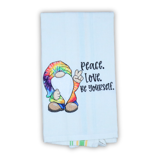 Gnome Towel, Peace Love Be Yourself Tie Dye Rainbow Embroidered Hand Towel