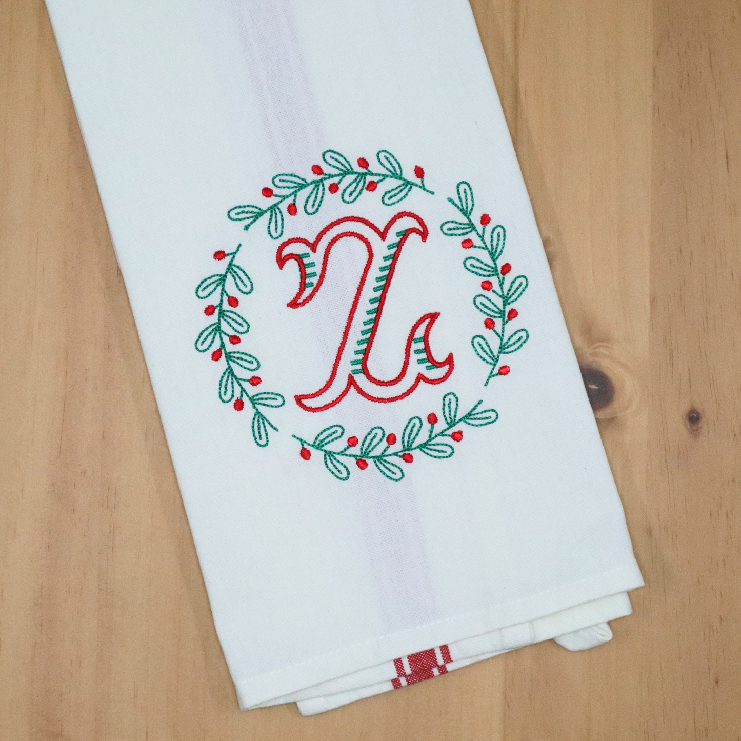 Monogrammed Christmas Towel, Holly Wreath Frame, Red and Green, Custom Gift