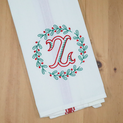 Monogrammed Christmas Towel, Holly Wreath Frame, Red and Green, Custom Gift