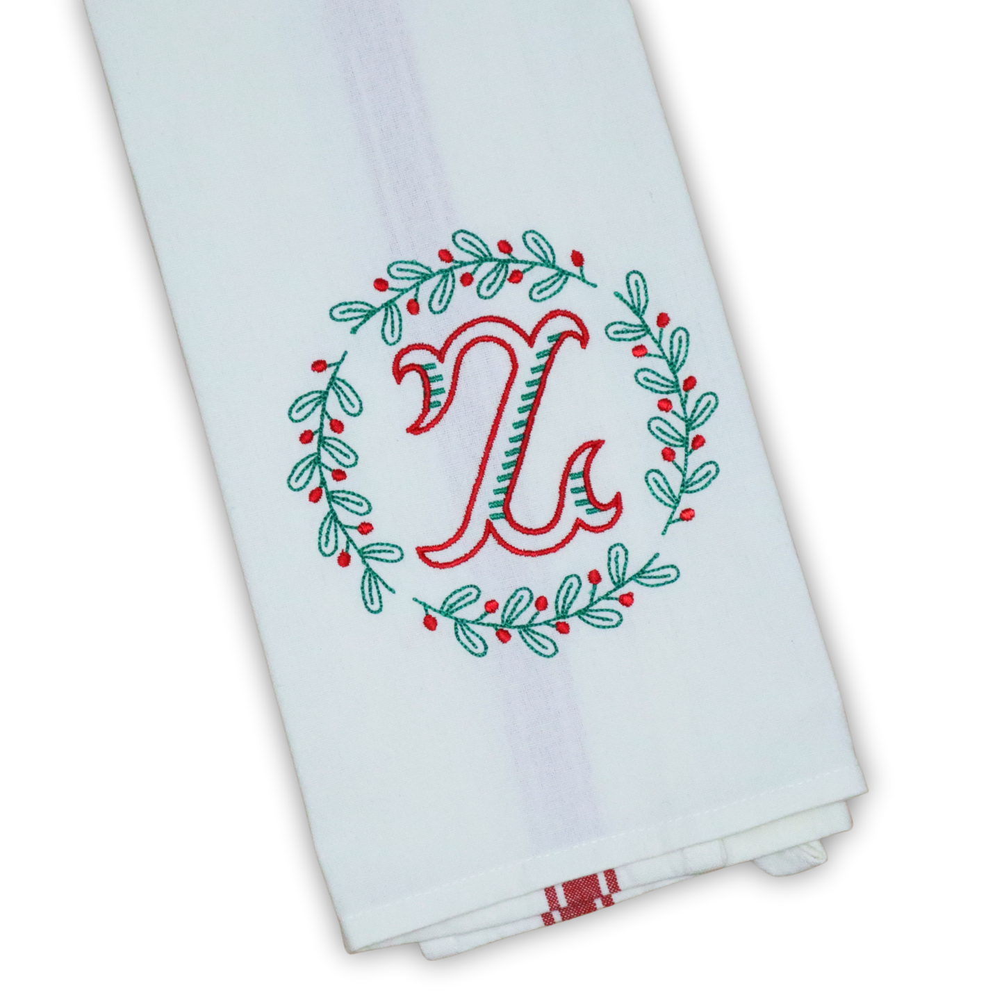 Monogrammed Christmas Towel, Holly Wreath Frame, Red and Green, Custom Gift