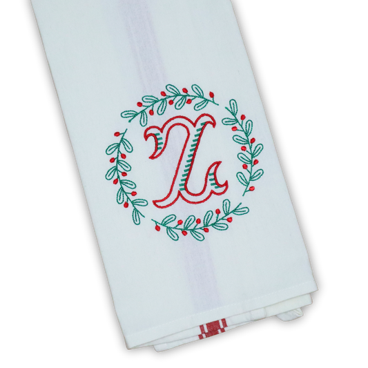 Monogrammed Christmas Towel, Holly Wreath Frame, Red and Green, Custom Gift