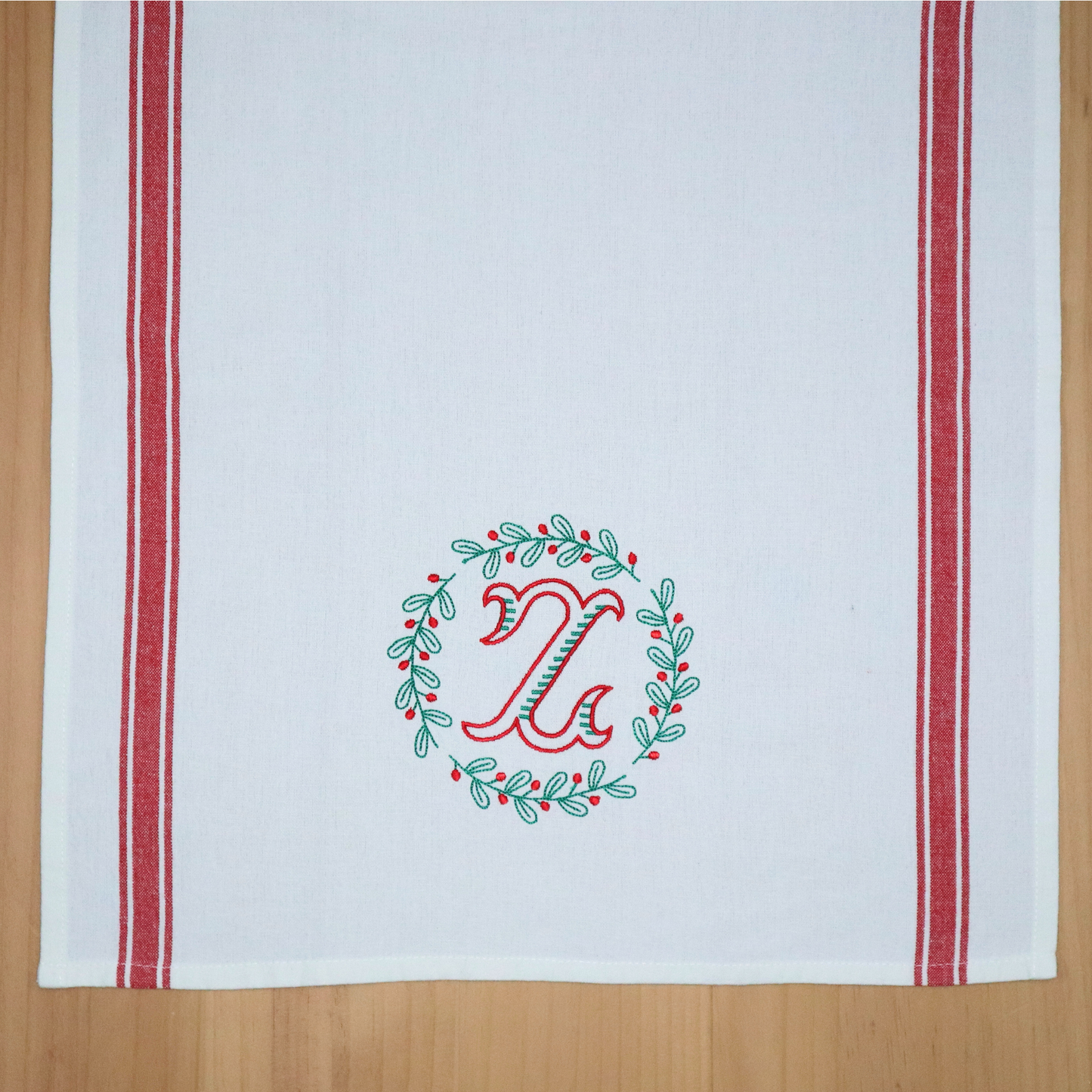 Monogrammed Christmas Towel, Holly Wreath Frame, Red and Green, Custom Gift