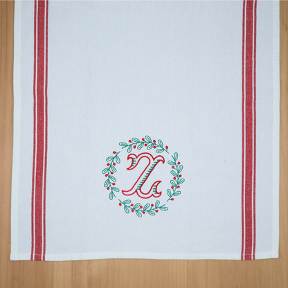 Monogrammed Christmas Towel, Holly Wreath Frame, Red and Green, Custom Gift
