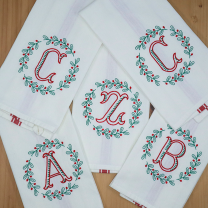 Monogrammed Christmas Towel, Holly Wreath Frame, Red and Green, Custom Gift