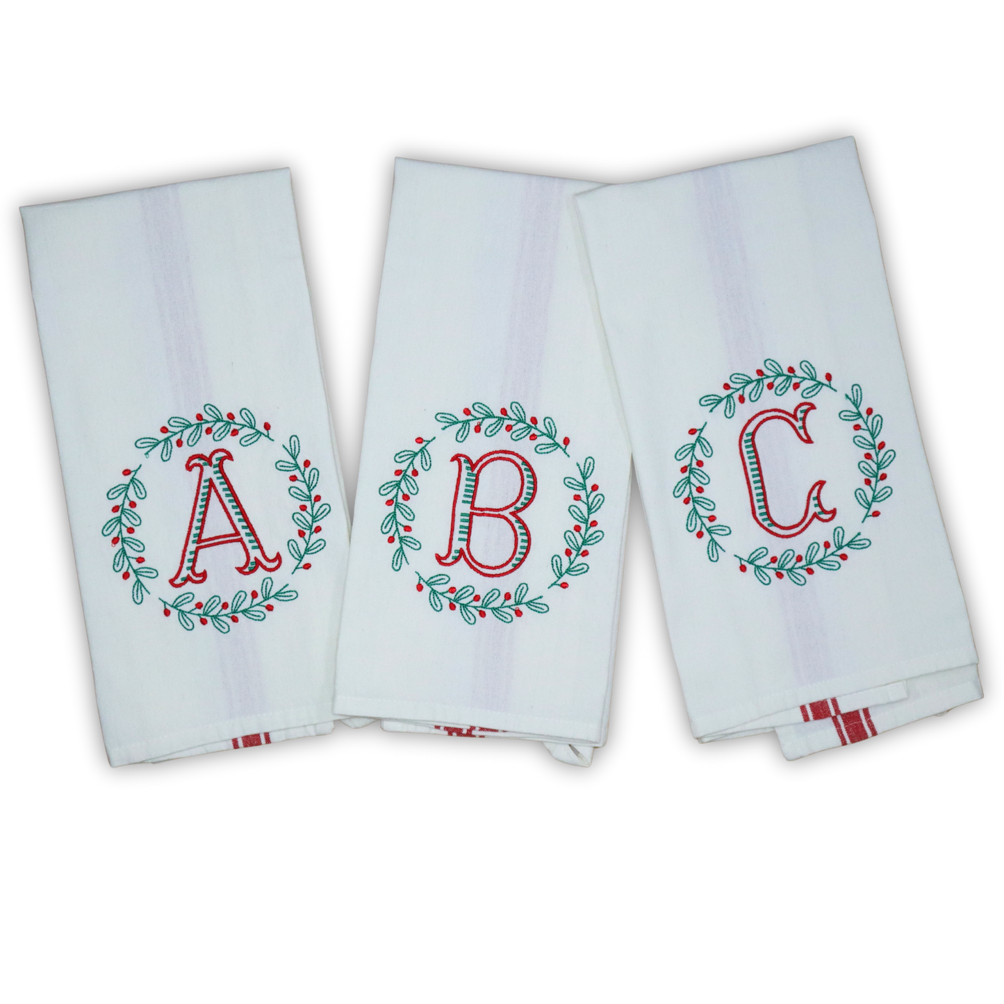 Monogrammed Christmas Towel, Holly Wreath Frame, Red and Green, Custom Gift