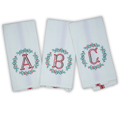 Monogrammed Christmas Towel, Holly Wreath Frame, Red and Green, Custom Gift