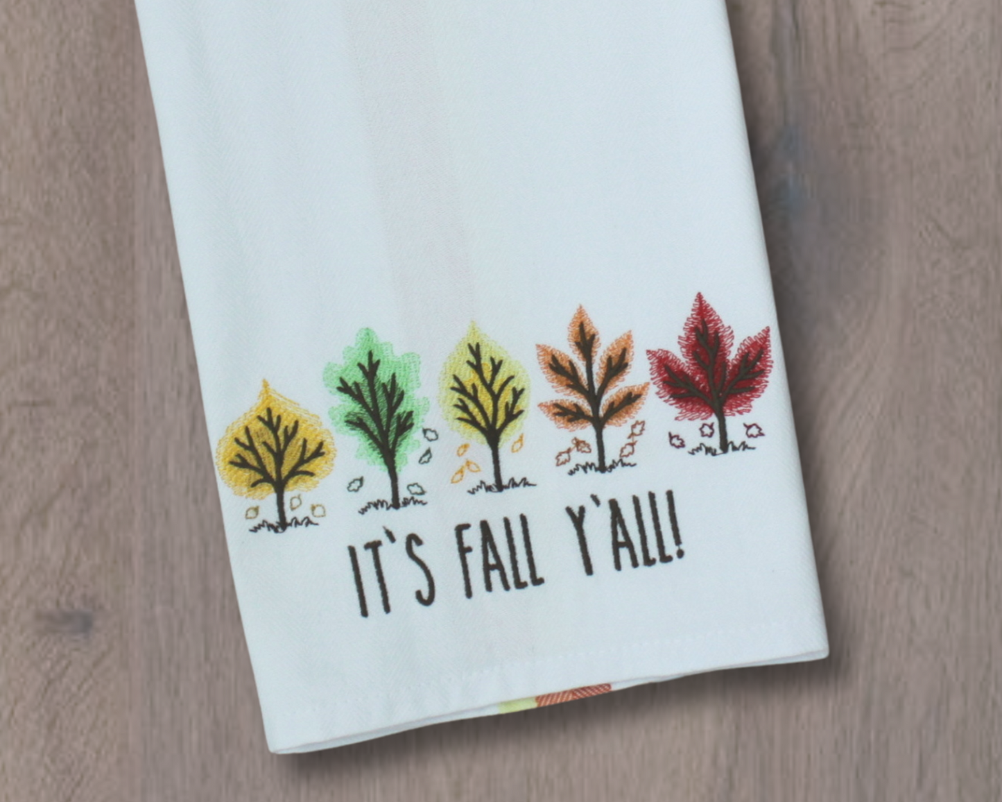 It's Fall Y'all! Kitchen Towel, with Trees Border