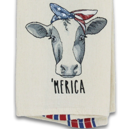 Embroidered Patriotic Cow Tea Towel – 'Merica Bandana Kitchen Towel in Red and Blue