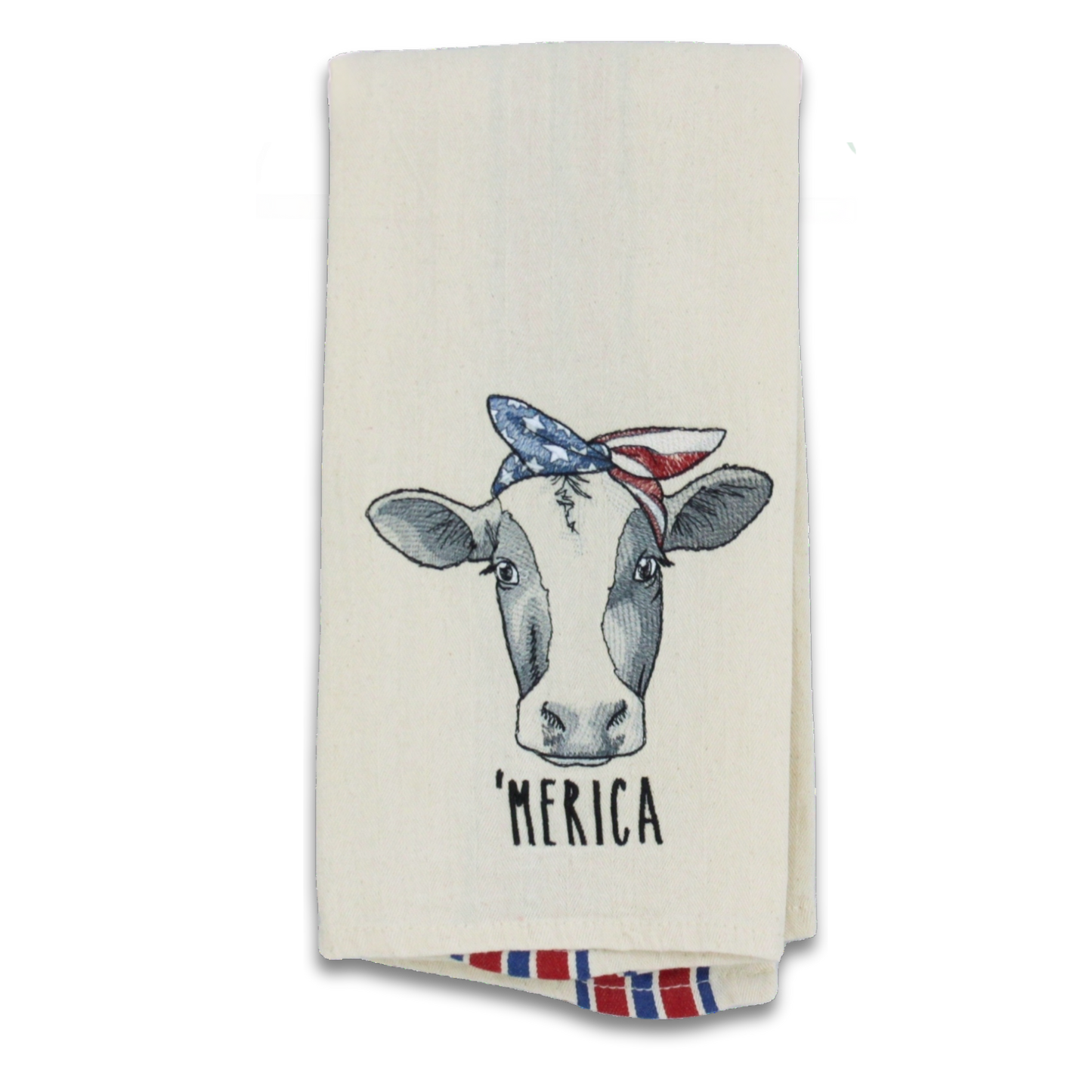 Embroidered Patriotic Cow Tea Towel – 'Merica Bandana Kitchen Towel in Red and Blue
