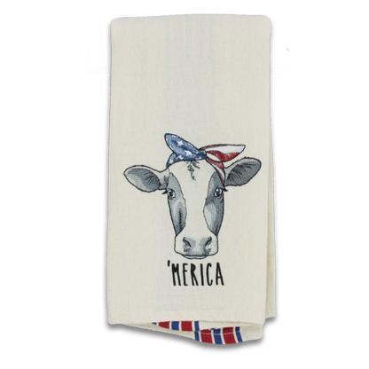 Embroidered Patriotic Cow Tea Towel – 'Merica Bandana Kitchen Towel in Red and Blue