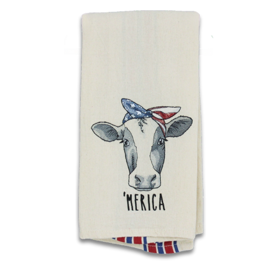Embroidered Patriotic Cow Tea Towel – 'Merica Bandana Kitchen Towel in Red and Blue