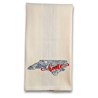 North Carolina Home Kitchen Towel – Embroidered Floral State Outline with Red & Blue Americana Stripes