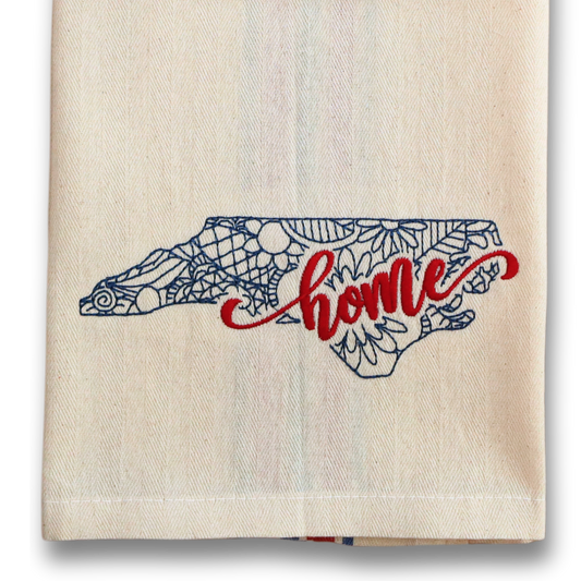 North Carolina Home Kitchen Towel – Embroidered Floral State Outline with Red & Blue Americana Stripes