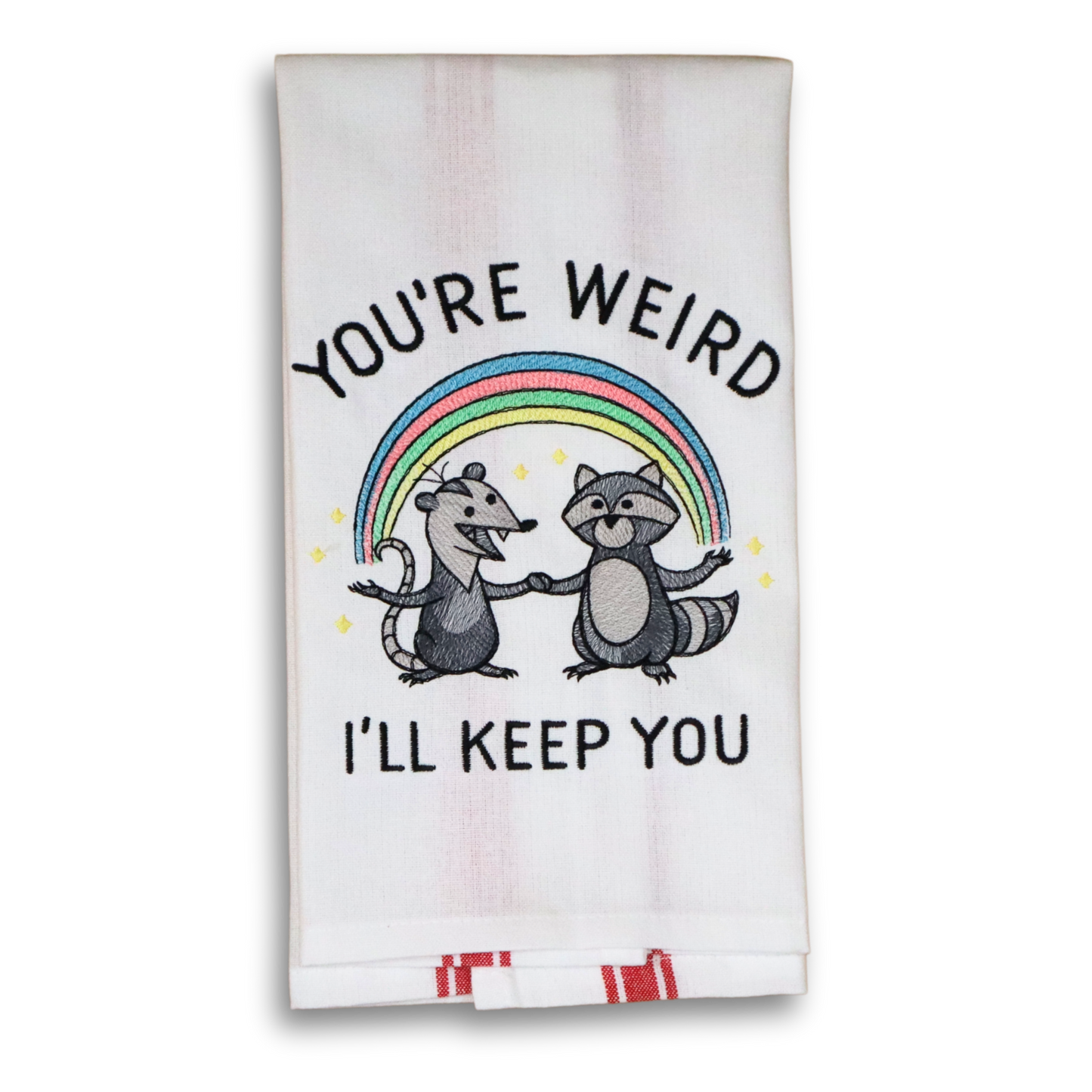 Keepin' It Weird Kitchen Towel – Racoon and Opossum Rainbow