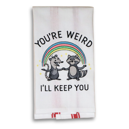 Keepin' It Weird Kitchen Towel – Racoon and Opossum Rainbow