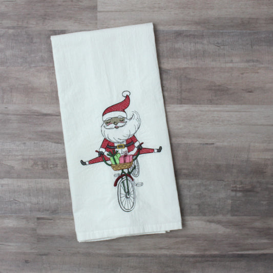 Santa on a Bicycle * Embroidered Kitchen Towel