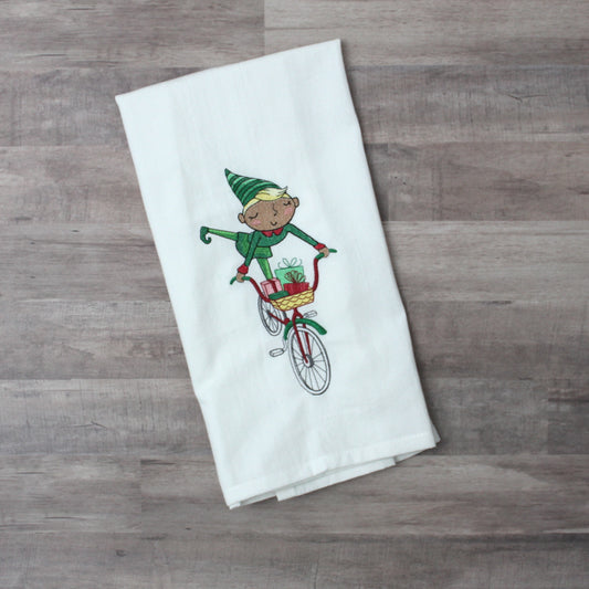 Elf on a Bicycle * Embroidered Kitchen Towel