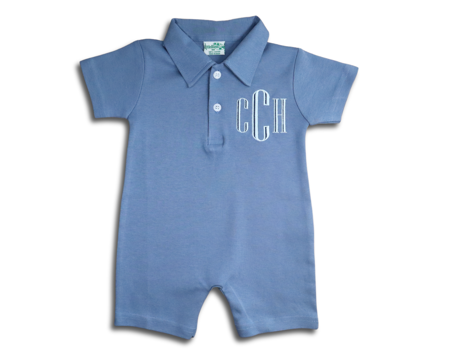 Slate Blue Baby Romper with Engraved Monogram, Polo, Jon Jon, Shortall