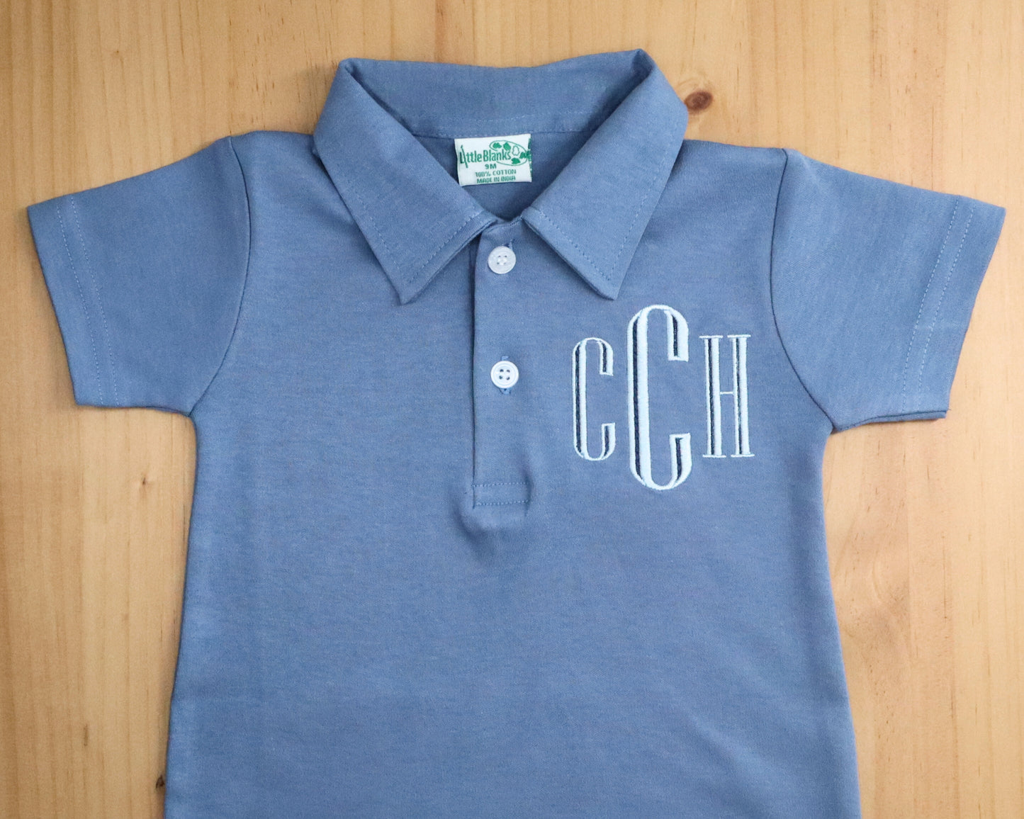 Slate Blue Baby Romper with Engraved Monogram, Polo, Jon Jon, Shortall